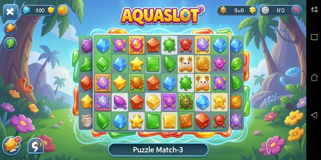 Tampilan antarmuka dan gameplay seru AQUASLOT di Puzzle Match-3.