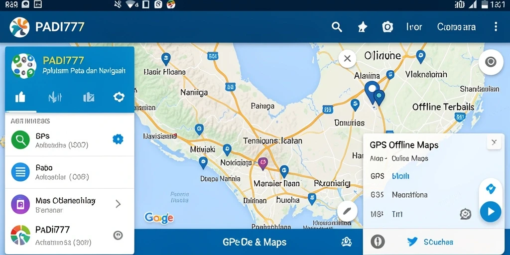 Tampilan antarmuka aplikasi PADI777 dengan fitur GPS Offline Maps.